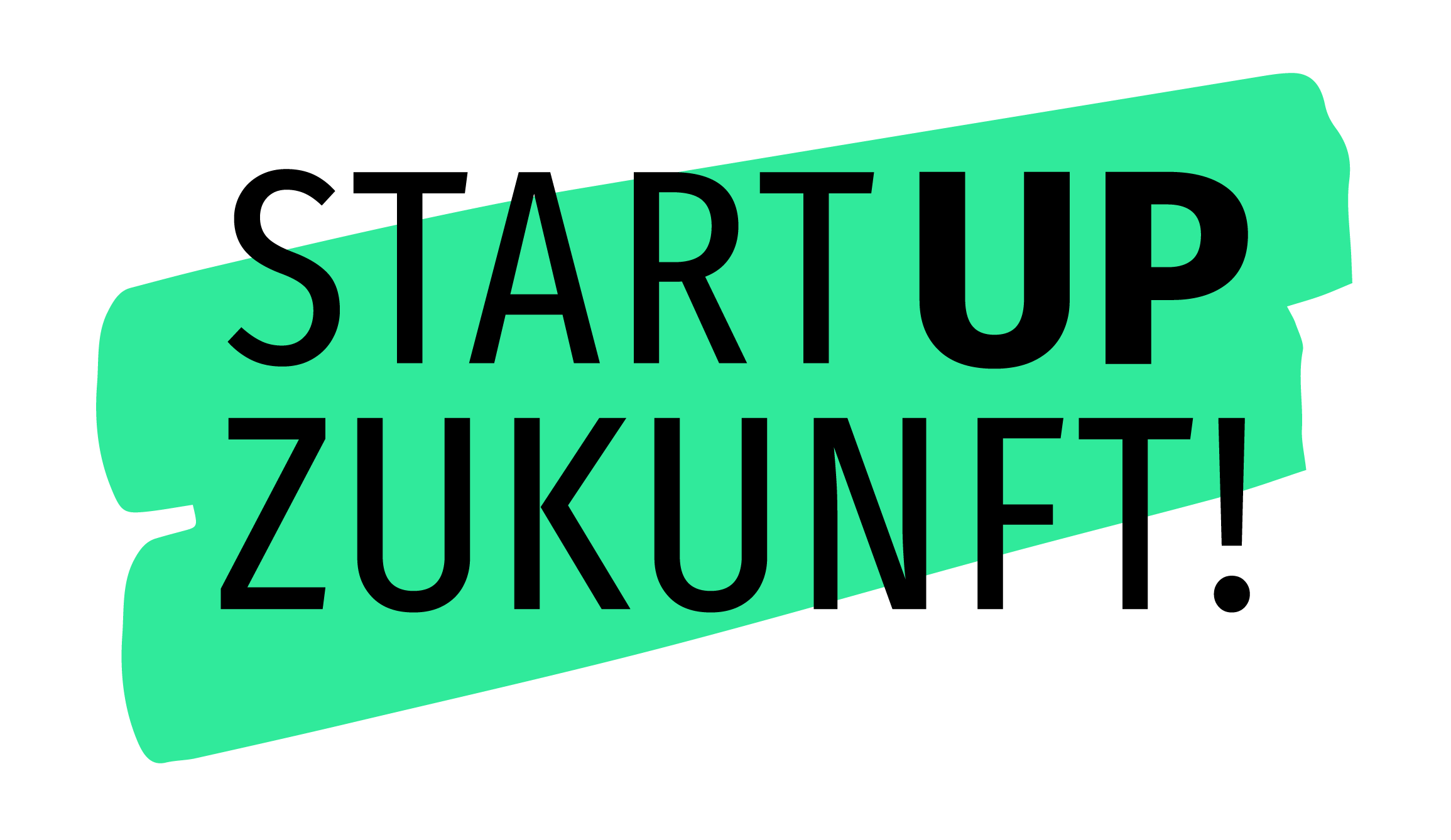 Abgebildet ist das Logo des Programms "Startup Zukunft!", ein großer Schriftzug in schwarzen Buchstaben auf türkisem Hintergrund.