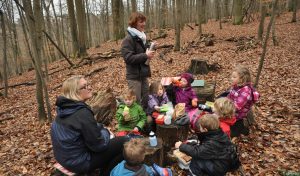 Kindergruppe mit Pädagoginnen im Wald