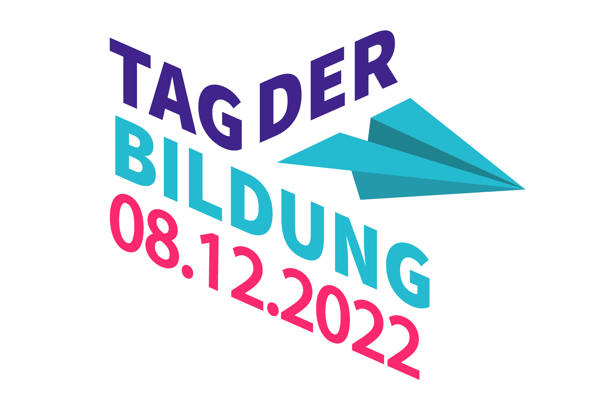 Abgebildet ist das Logo des Tags der Bildung in blauer und türkiser Schrift, mit einem stilisierten türkisen Papiertiger. Darunter ist in pinker Farbe das Datum 08.12.2022 angegeben.